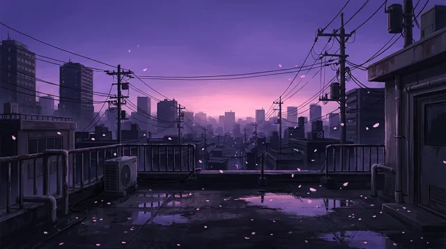 Illustrated cover: an empty city rooftop at dusk, cherry-blossom petals drifting past power lines under a violet and pink sky.