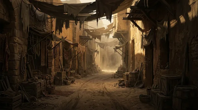 Illustrated cover: a narrow dusty market street at dawn, sandstone walls and cloth awnings in warm hazy light.