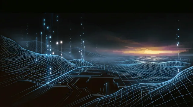 Illustrated cover: a landscape drawn in glowing blue wireframe and circuit lines, a pixelated dawn on the horizon.