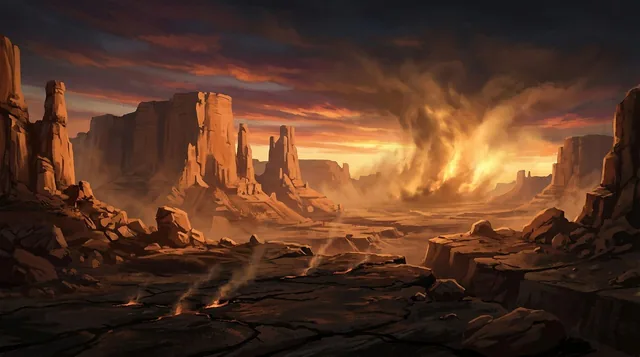 Illustrated cover: a rocky wasteland at sunset, orange mesas and cracked earth under a sky of fiery cloud.