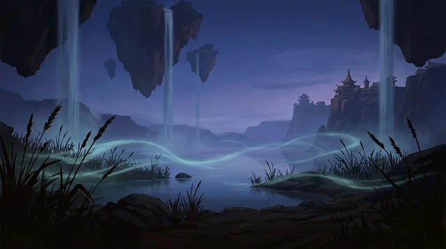 Illustrated cover: waterfalls falling from floating islands into a still lake at blue hour, teal wisps of light over the water.