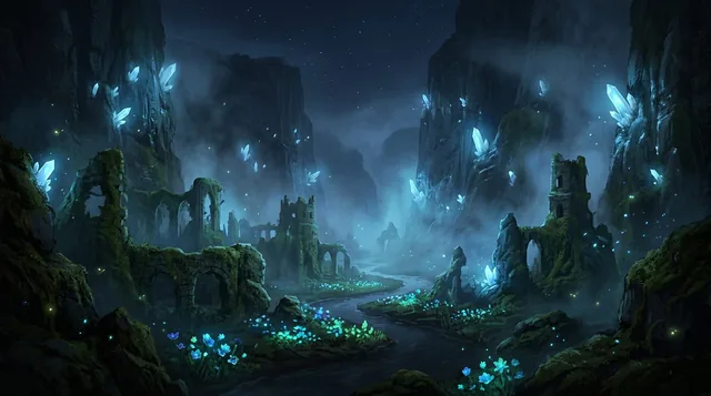 Illustrated cover: a misty valley at night, mossy stone ruins lit by pale blue crystals growing from the rock.