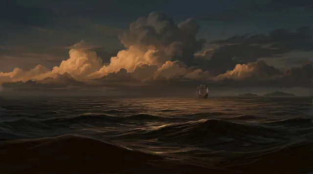 Illustrated cover: the open ocean at dusk under towering amber clouds, a lone sailing ship far out on the horizon.