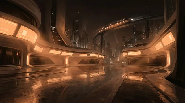 Illustrated cover: a rain-slick futuristic plaza at night, curved white architecture lit in warm orange, a monorail passing behind.