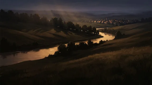 Illustrated cover: rolling meadows at the end of a summer afternoon, a river catching the last gold light and a small town with lit windows in the distance.