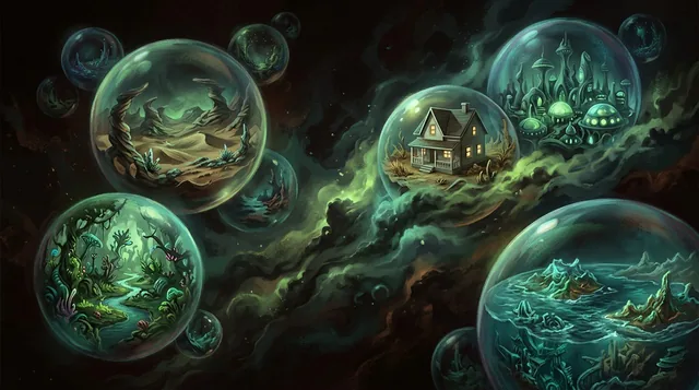 Illustrated cover: translucent bubbles drifting in a green-lit cosmos, each holding a tiny different world.