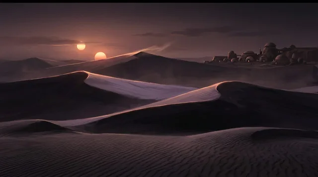 Illustrated cover: layered violet dunes at dusk under two setting suns, a distant city of rounded rock dwellings on a mesa.