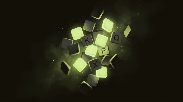 Illustrated cover: letter tiles in green, yellow and grey tumbling through a glowing space.