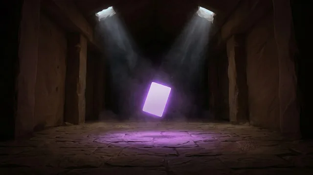 Illustrated cover: a dark sandstone chamber where a single blank card hovers in a shaft of moonlight, glowing violet.