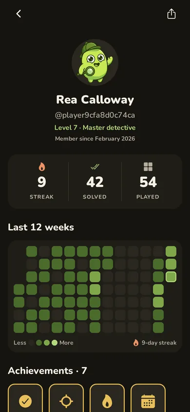 The Alldle profile screen on a phone: an avatar, the level and title, a row reading 9 streak, 42 solved and 54 played, a twelve-week grid of days shaded by how much was played, and the first row of achievement badges.